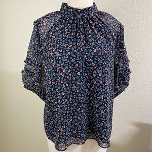 NWT Ann Taylor floral blouse short sleeve high  collar Size Medium